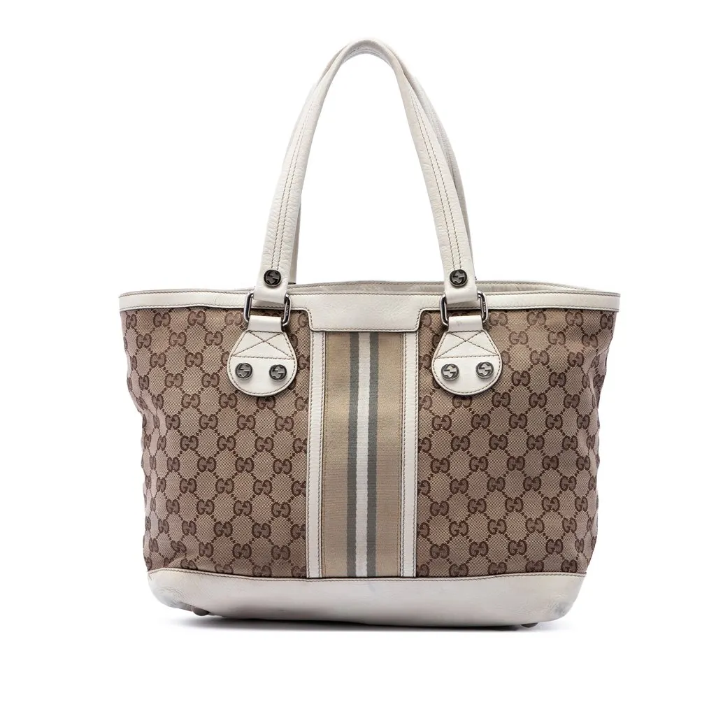 Gucci Small GG Canvas Web Libeccio Sunset Tote Beige Canvas Good - Front View