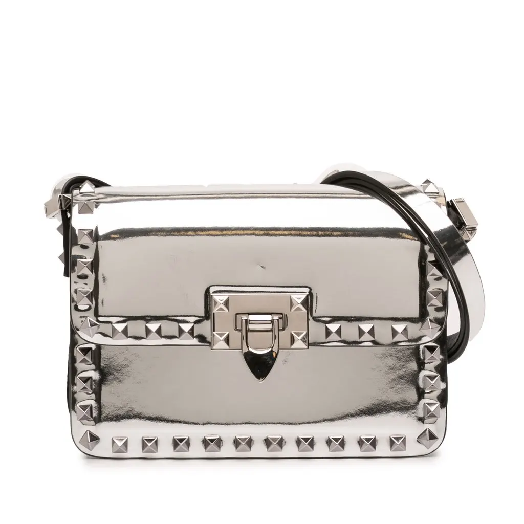 Valentino Small Mirror Calfskin Rockstud23 Shoulder Bag Silver Leather Very good - Front View