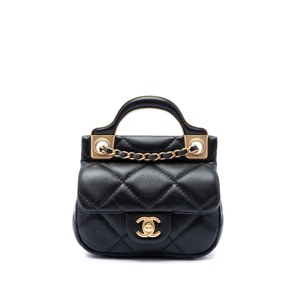Chanel CC Quilted Calfskin Lady Card Holder with Chain Top Handle Bag Black Leather Very good - Front View