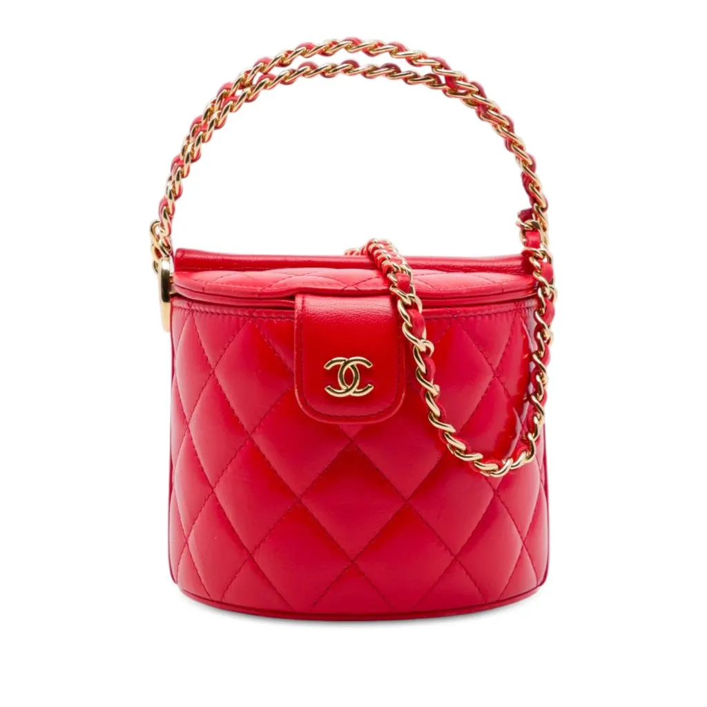 Chanel CC Quilted Lambskin Top Handle Round Vanity Case with Chain Red Leather Very good - Front View