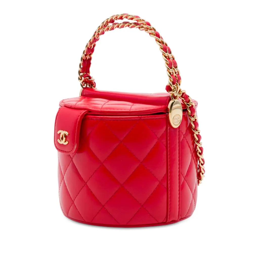 Chanel CC Quilted Lambskin Top Handle Round Vanity Case with Chain Red Leather Very good - Back View