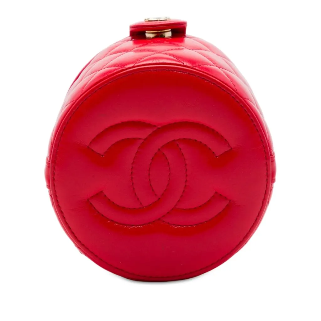 Chanel CC Quilted Lambskin Top Handle Round Vanity Case with Chain Red Leather Very good - Inside View