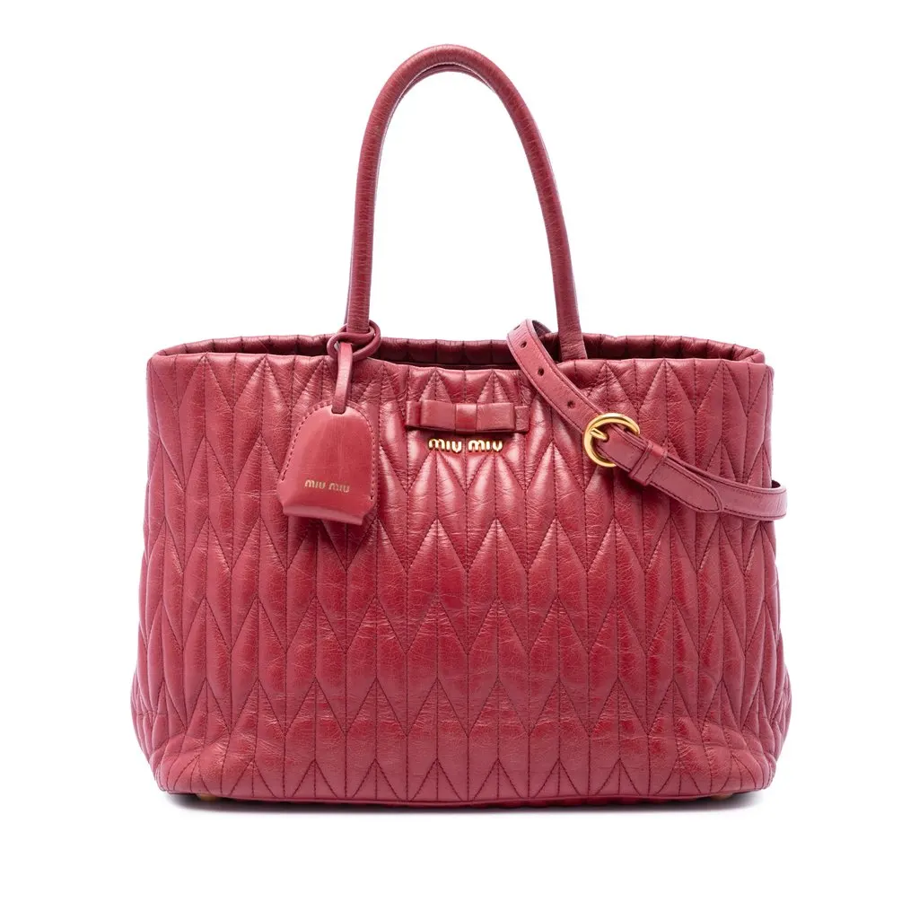 Miu Miu Medium Matelasse Vitello Shine Double Handle Tote Red Leather Very good - Front View