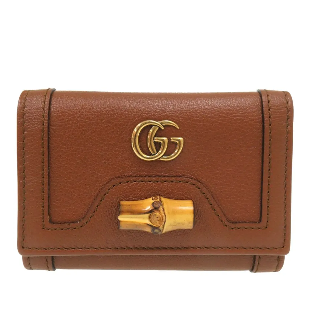 Gucci Grained Calfskin Diana Bamboo Compact Wallet Brown Leather Very good - Front View