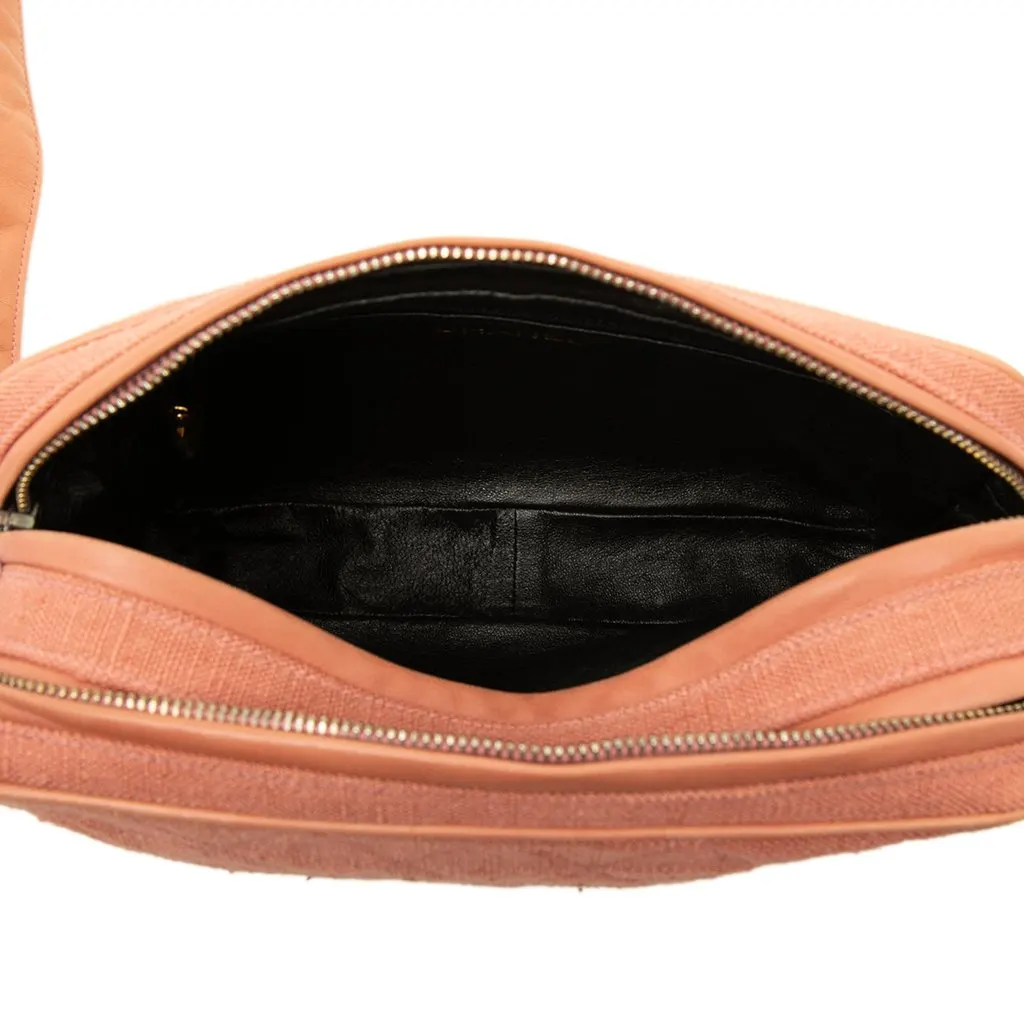 Chanel CC Quilted Linen Double Zip Camera Bag Pink Canvas Good - Model View