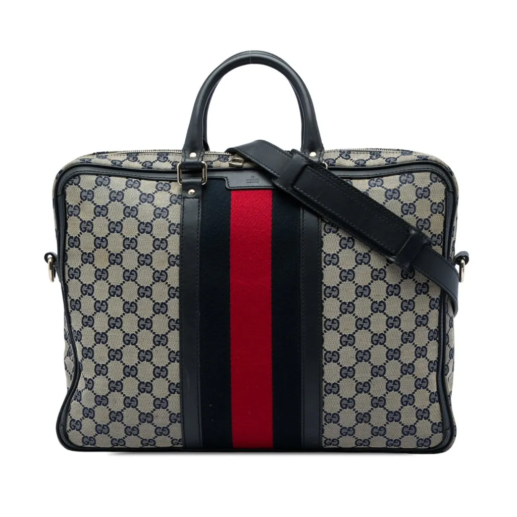 Gucci GG Canvas Web Briefcase Beige Canvas Good - Front View