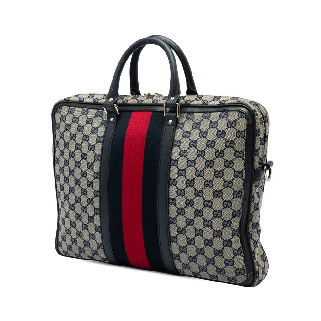 Gucci GG Canvas Web Briefcase Beige Canvas Good - Back View