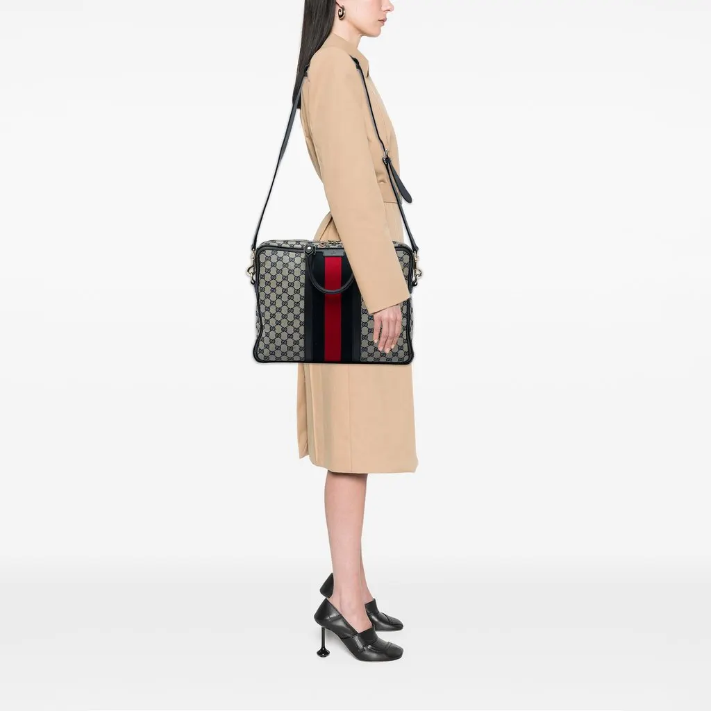 Gucci GG Canvas Web Briefcase Beige Canvas Good - Box View