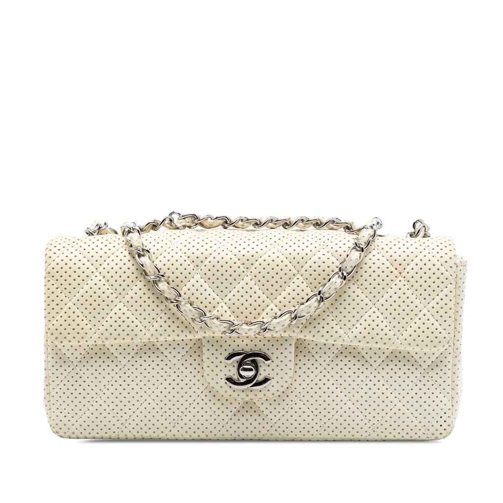 Chanel Classic Perforated Lambskin East West Flap White Leather Very good - Front View
