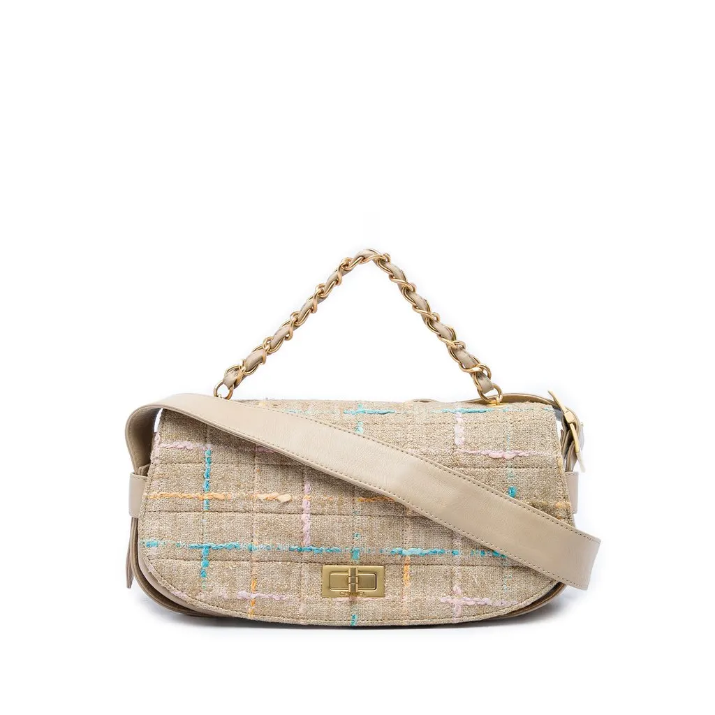Chanel Chocolate Bar Tweed Mademoiselle Satchel Beige Very good - Front View