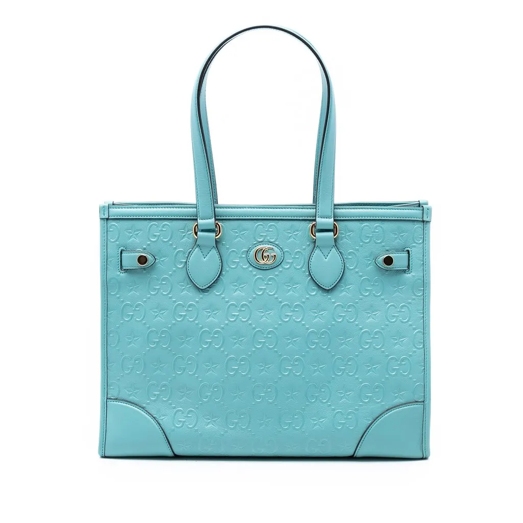 Gucci GG Star Embossed Leather Tote Blue Leather Very good - Front View