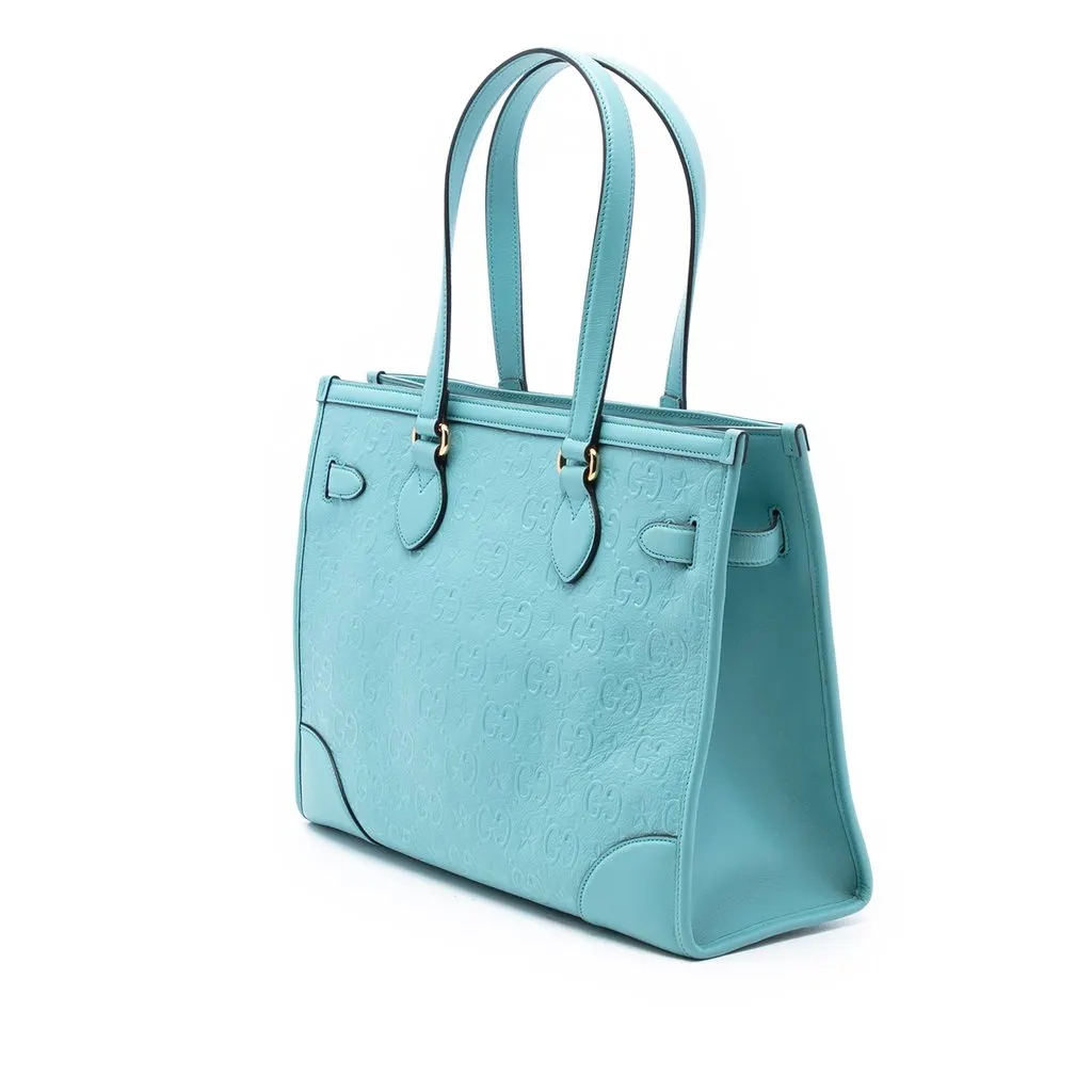Gucci GG Star Embossed Leather Tote Blue Leather Very good - Back View