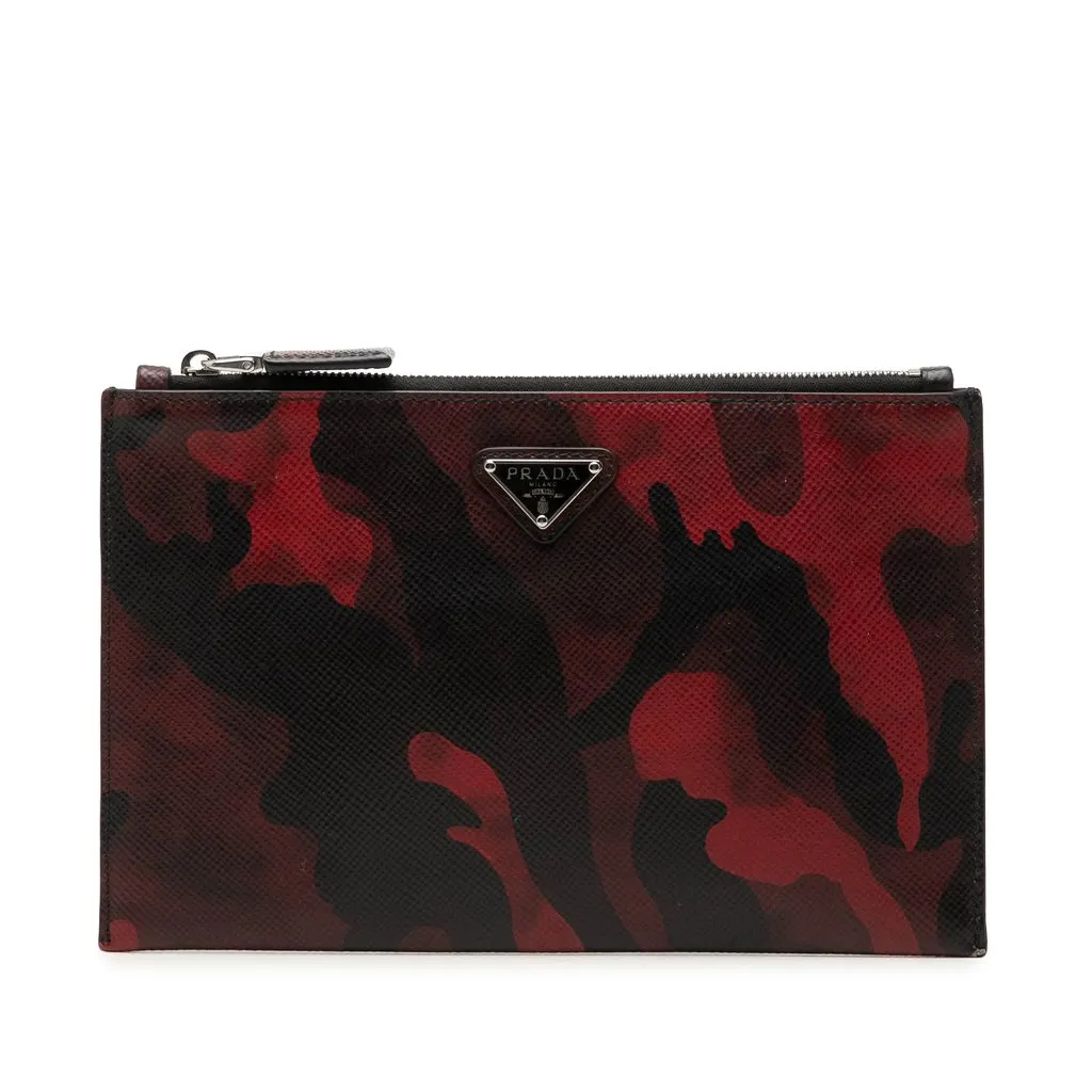 Prada Tessuto Camouflage Clutch Red Leather Very good - Front View
