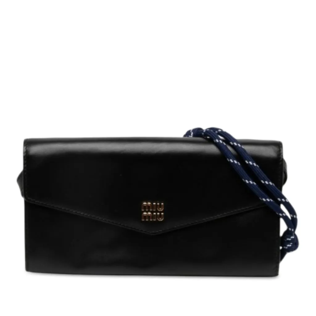Miu Miu Soft Calf Logo Wallet on Strap Black Leather Very good - Front View