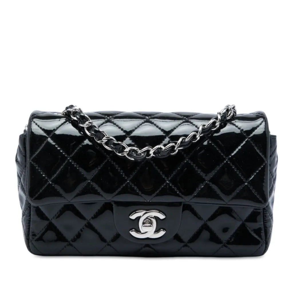 Chanel Mini Rectangular Classic Patent Single Flap Black Leather Very good - Front View