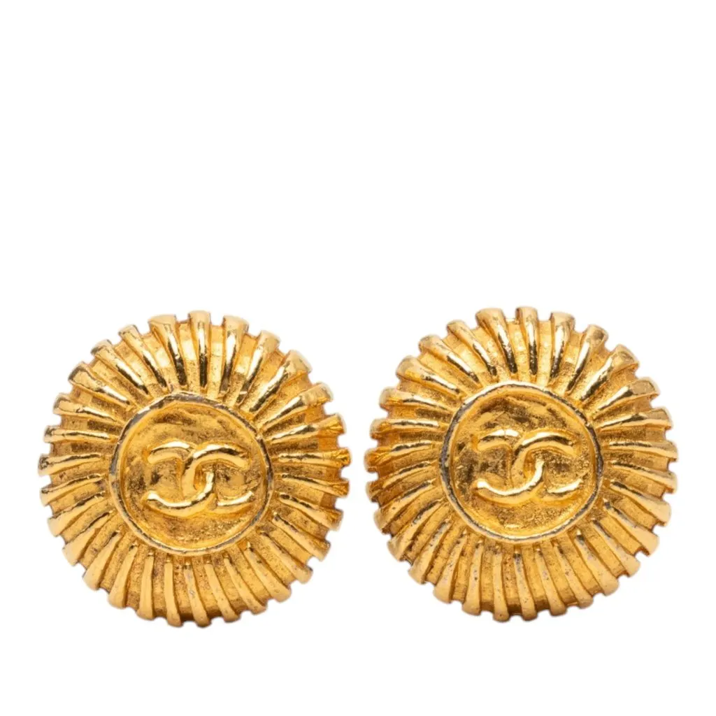 Chanel CC Gold Plated Sunburst Round Clip On Earrings Gold Metal Very good - Front View