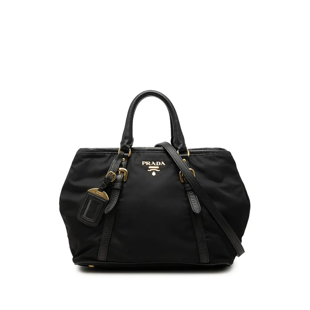 Prada Vitello Daino Trimmed Tessuto Satchel Black Very good - Front View