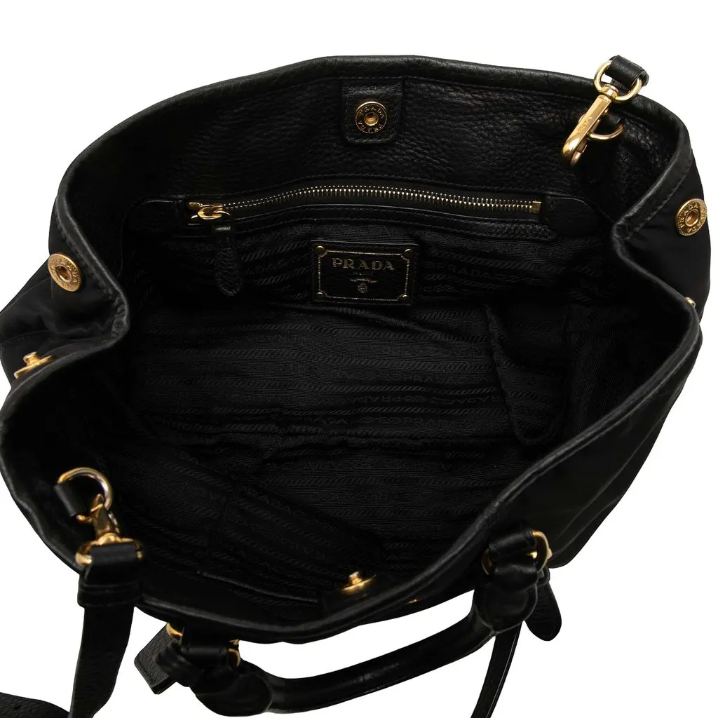 Prada Vitello Daino Trimmed Tessuto Satchel Black Very good - Model View