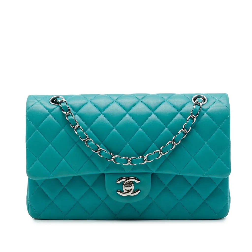 Chanel Medium Classic Lambskin Double Flap Blue Leather Very good - Front View