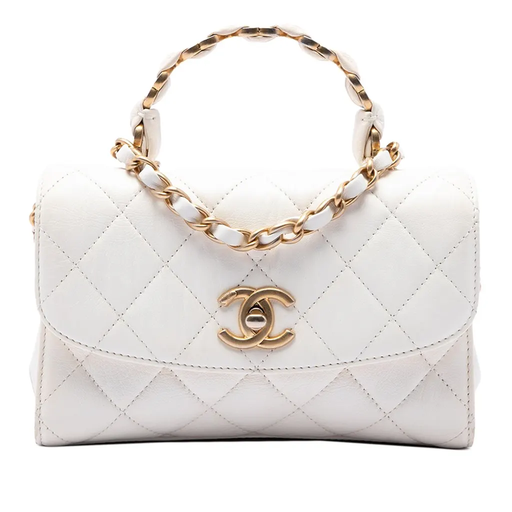Chanel Mini Quilted Crumpled Lambskin CC Links Top Handle Flap White Leather Very good - Front View