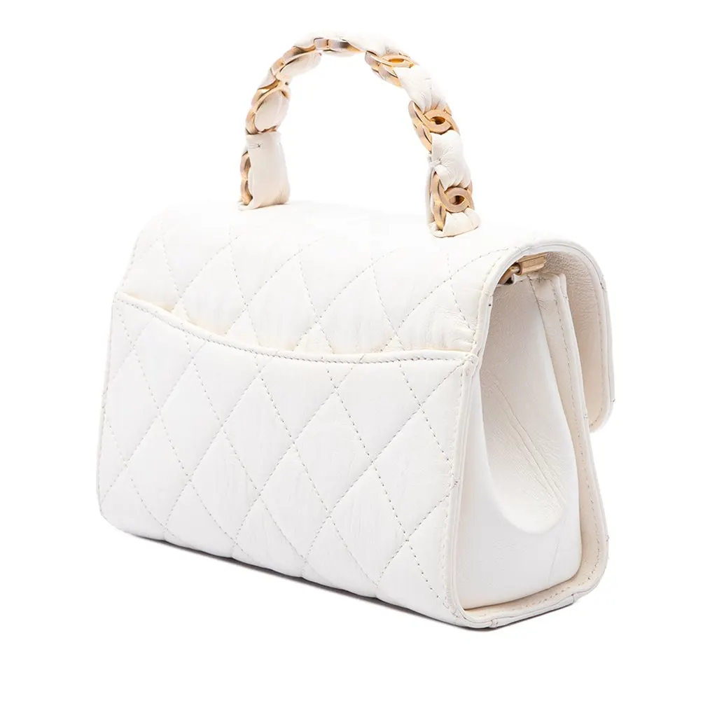 Chanel Mini Quilted Crumpled Lambskin CC Links Top Handle Flap White Leather Very good - Back View
