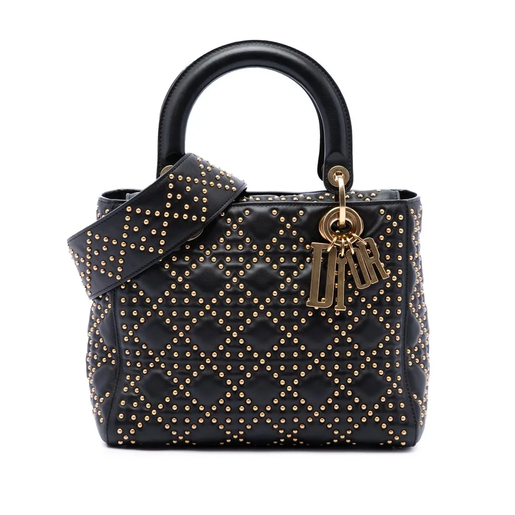 Dior Medium Lambskin Cannage Studded Supple Lady Dior Black Leather Good - Front View