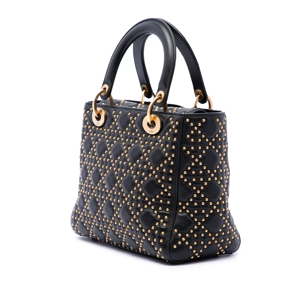 Dior Medium Lambskin Cannage Studded Supple Lady Dior Black Leather Good - Back View