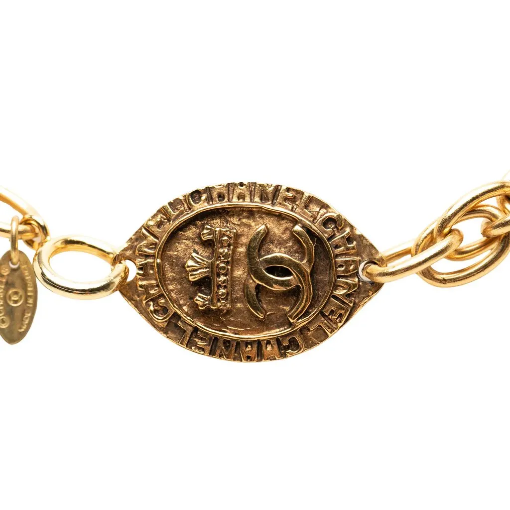 Chanel CC Gold Plated Oval Medallion Pendant Double Chain Necklace Gold Metal Very good - Front View