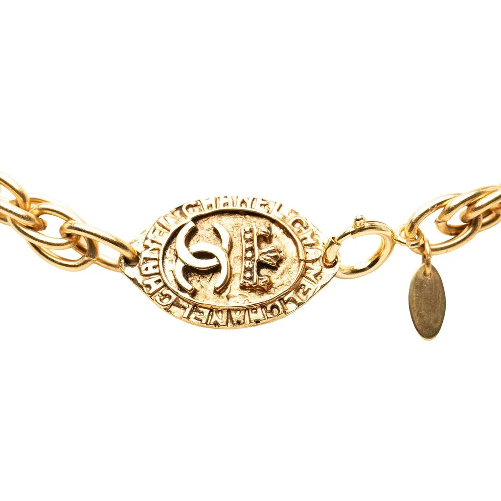 Chanel CC Gold Plated Oval Medallion Pendant Double Chain Necklace Gold Metal Very good - Back View