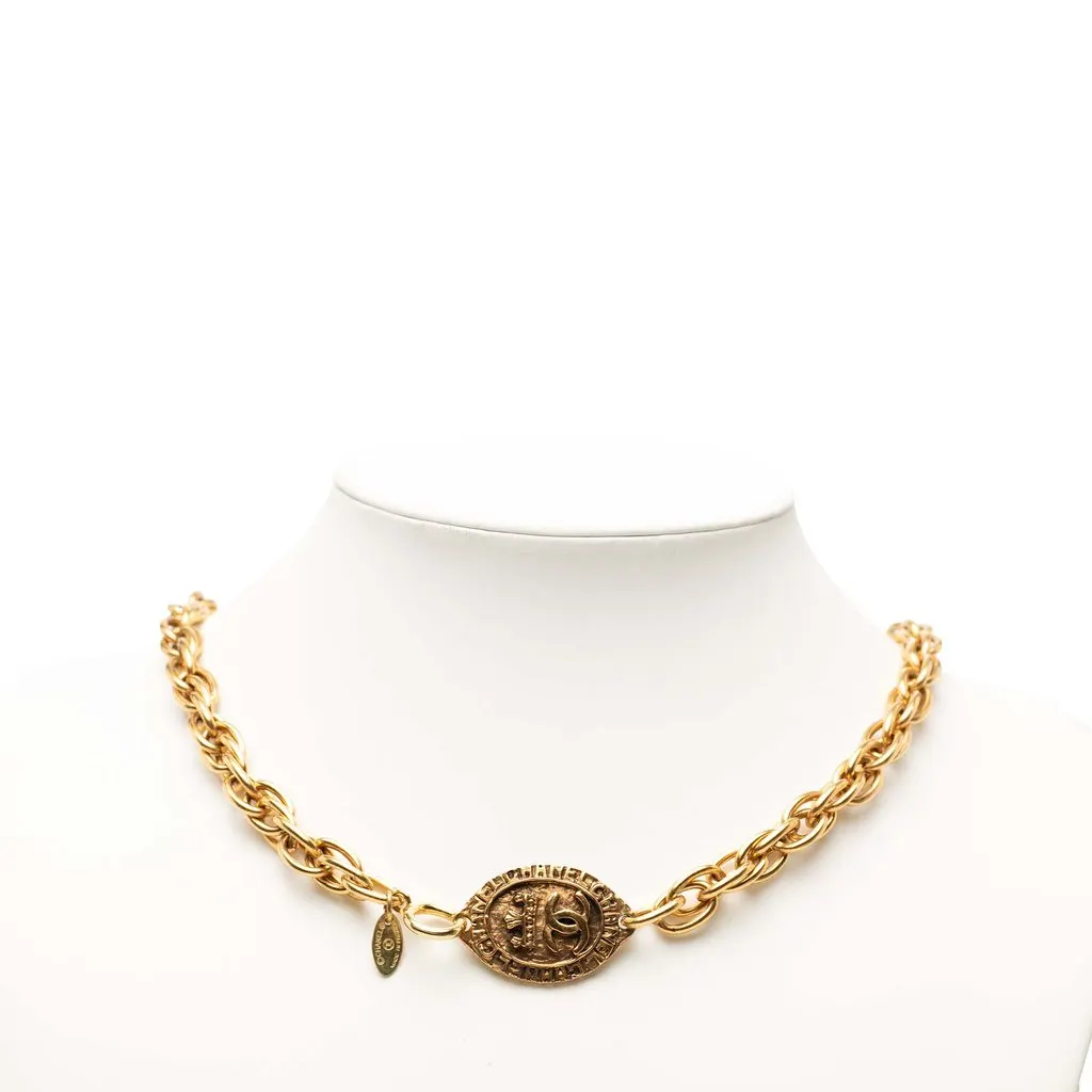 Chanel CC Gold Plated Oval Medallion Pendant Double Chain Necklace Gold Metal Very good - Box View