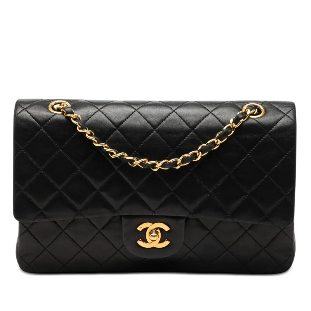 Chanel Medium Classic Lambskin Double Flap Black Leather Very good - Front View
