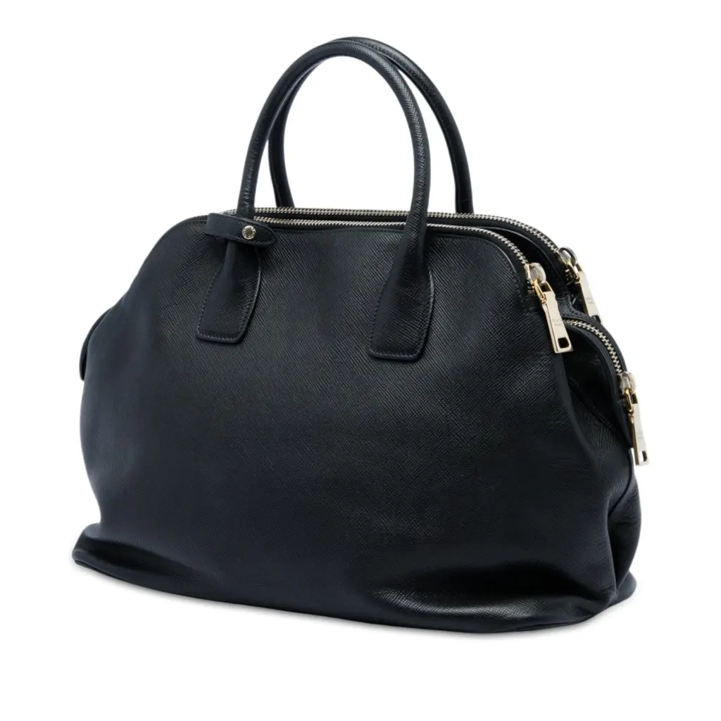 Prada Saffiano Cuir Triple Zip Dome Top Handle Bag Black Leather Very good - Back View