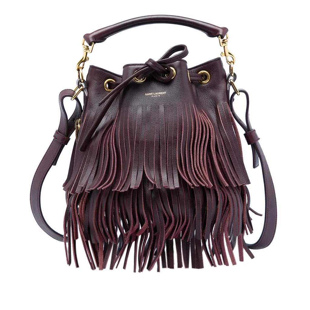 Saint Laurent Small Calfskin Emmanuelle Fringe Bucket Bag Red Leather Very good - Front View