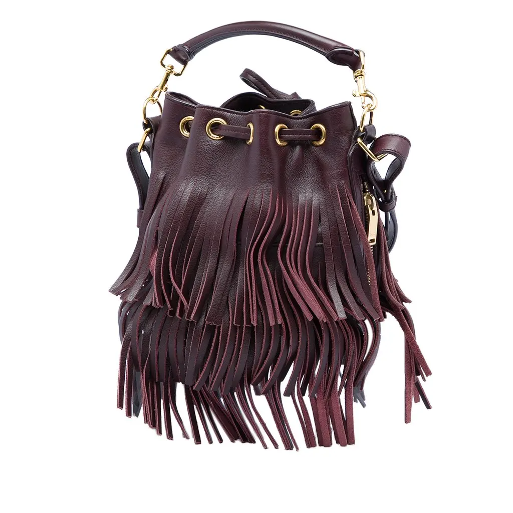 Saint Laurent Small Calfskin Emmanuelle Fringe Bucket Bag Red Leather Very good - Back View