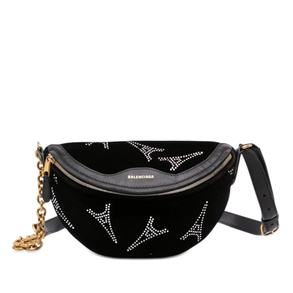 Balenciaga Velvet Crystal Embellished Souvenir Belt Bag XXS Black Very good - Front View