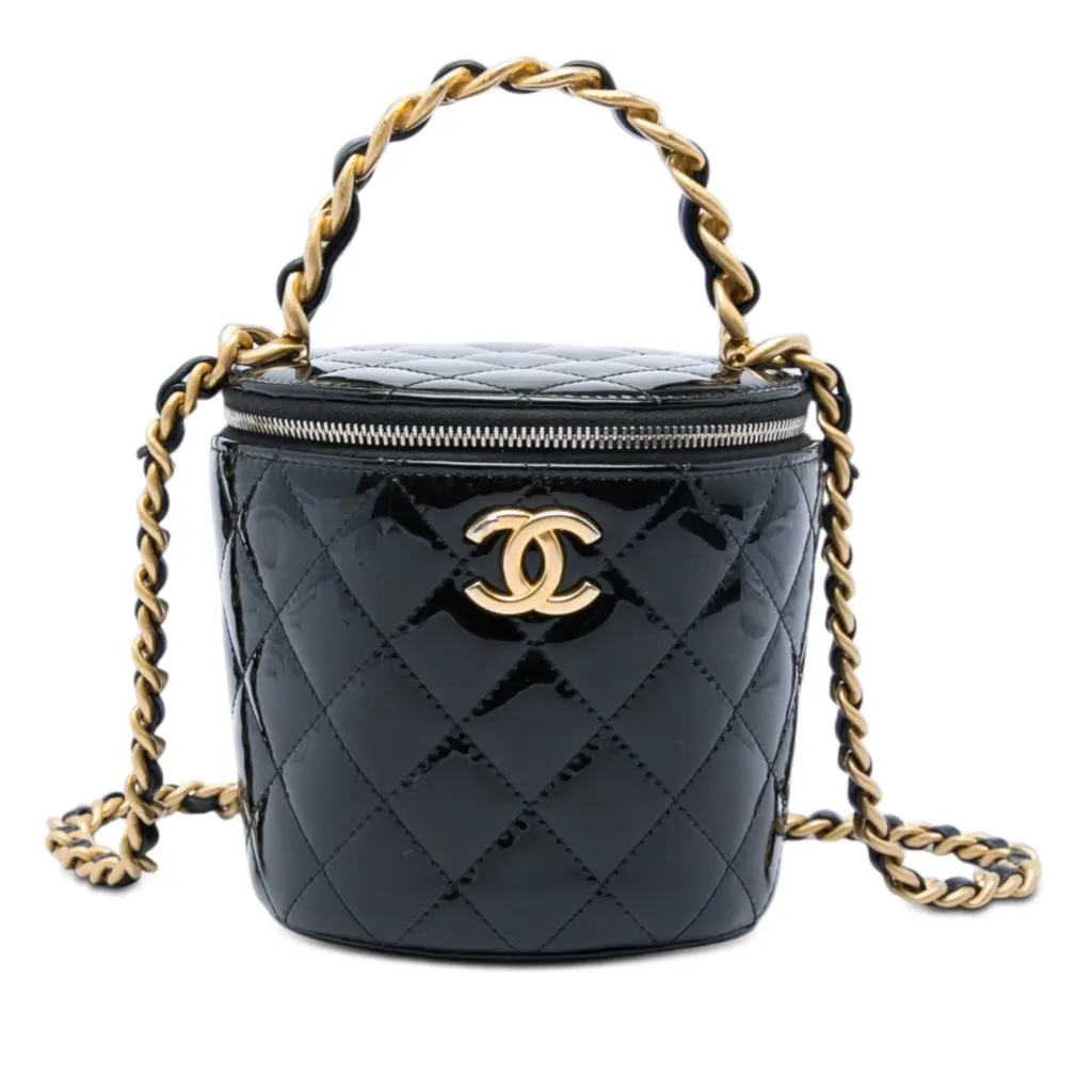 Chanel Quilted Patent Afternoon Tea Top Handle Vanity Case with Chain Black Leather Very good - Front View