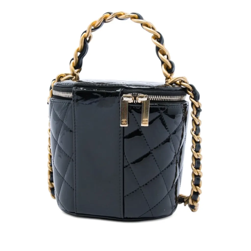 Chanel Quilted Patent Afternoon Tea Top Handle Vanity Case with Chain Black Leather Very good - Back View