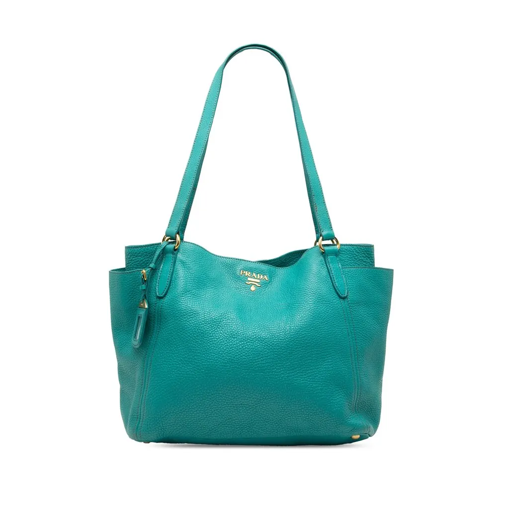 Prada Vitello Daino Side Pocket Tote Blue Leather Very good - Front View