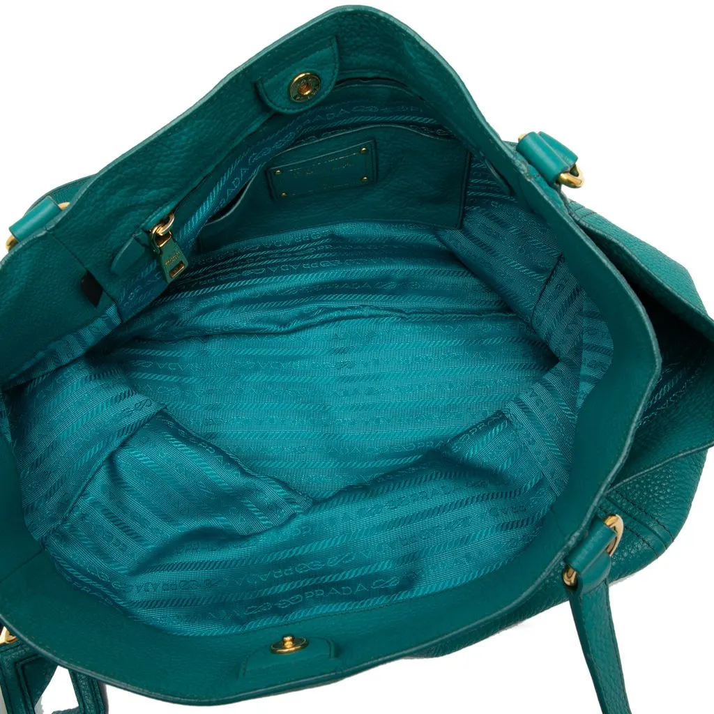 Prada Vitello Daino Side Pocket Tote Blue Leather Very good - Model View