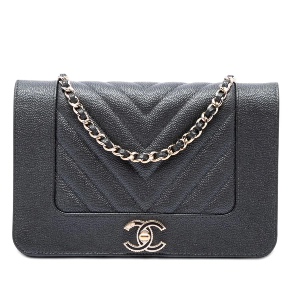 Chanel Chevron Caviar Mademoiselle Wallet On Chain Black Leather Very good - Front View