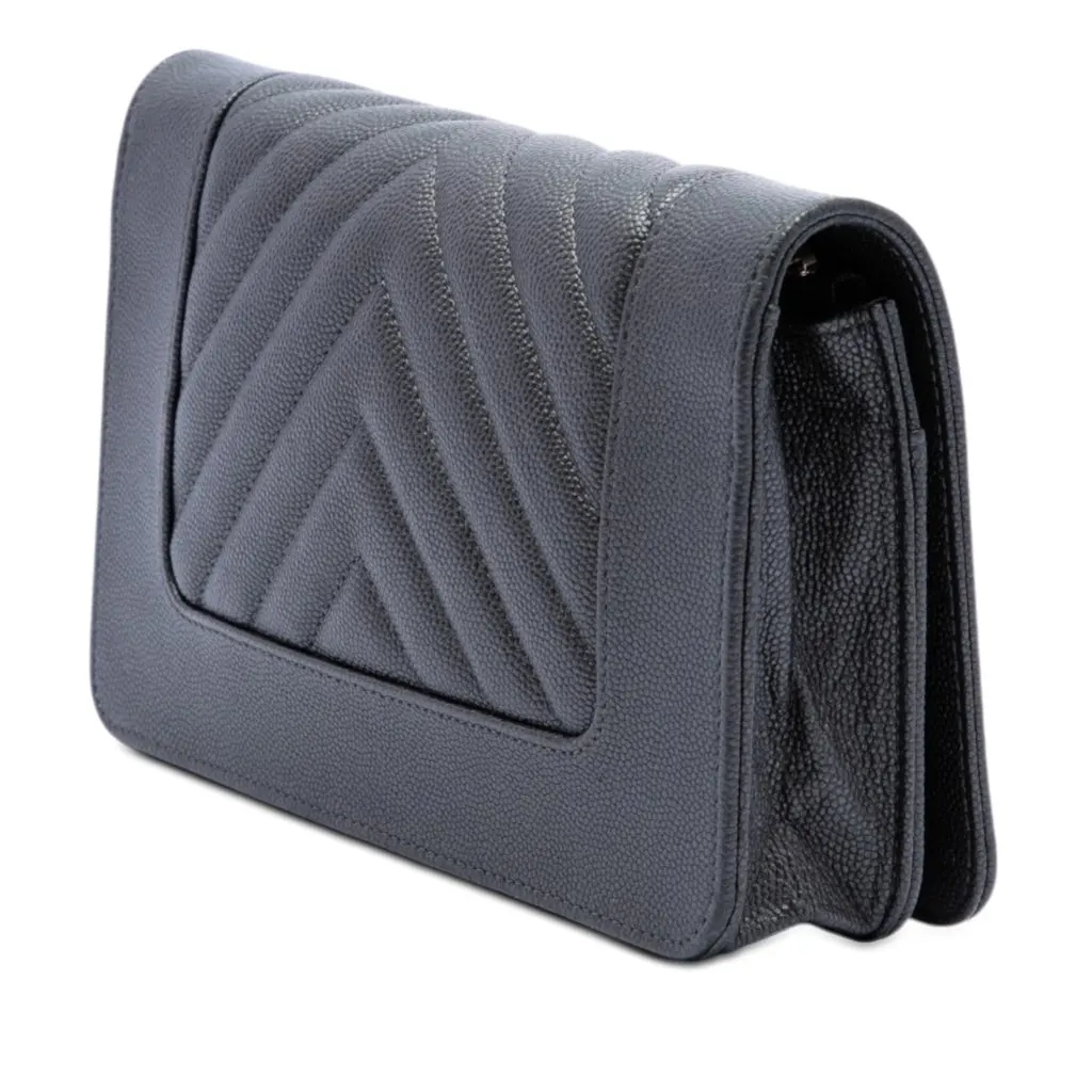 Chanel Chevron Caviar Mademoiselle Wallet On Chain Black Leather Very good - Back View