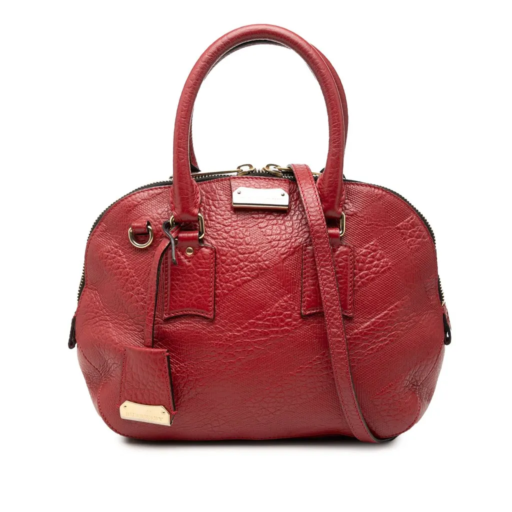 Burberry Small Heritage Grain Check Embossed Leather Orchard Bowling Bag Red Leather Very good - Front View