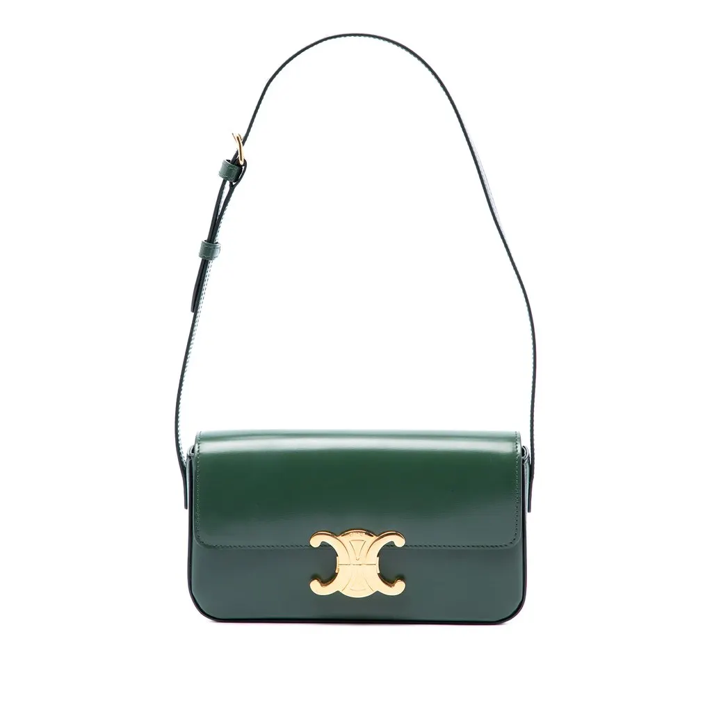Celine Shiny Calfskin Triomphe Claude Shoulder Bag Green Leather Very good - Front View