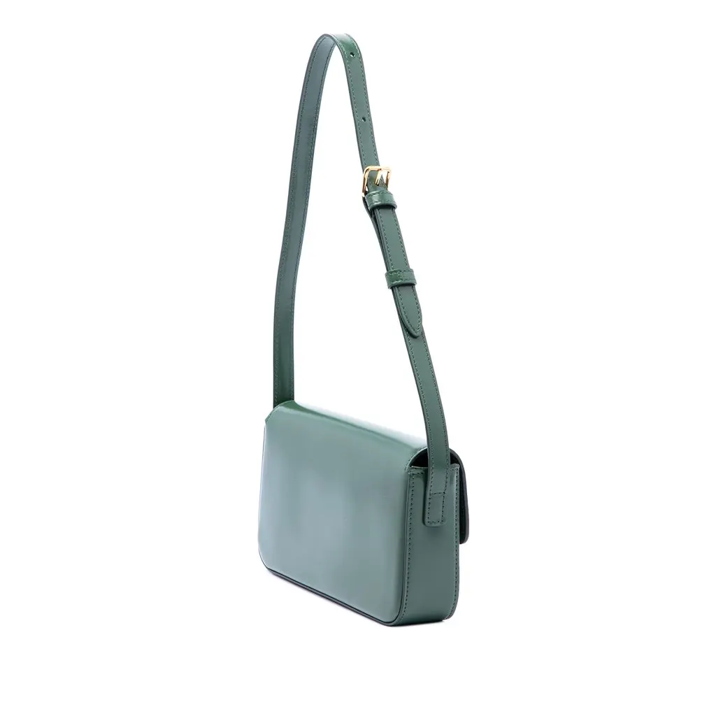 Celine Shiny Calfskin Triomphe Claude Shoulder Bag Green Leather Very good - Back View