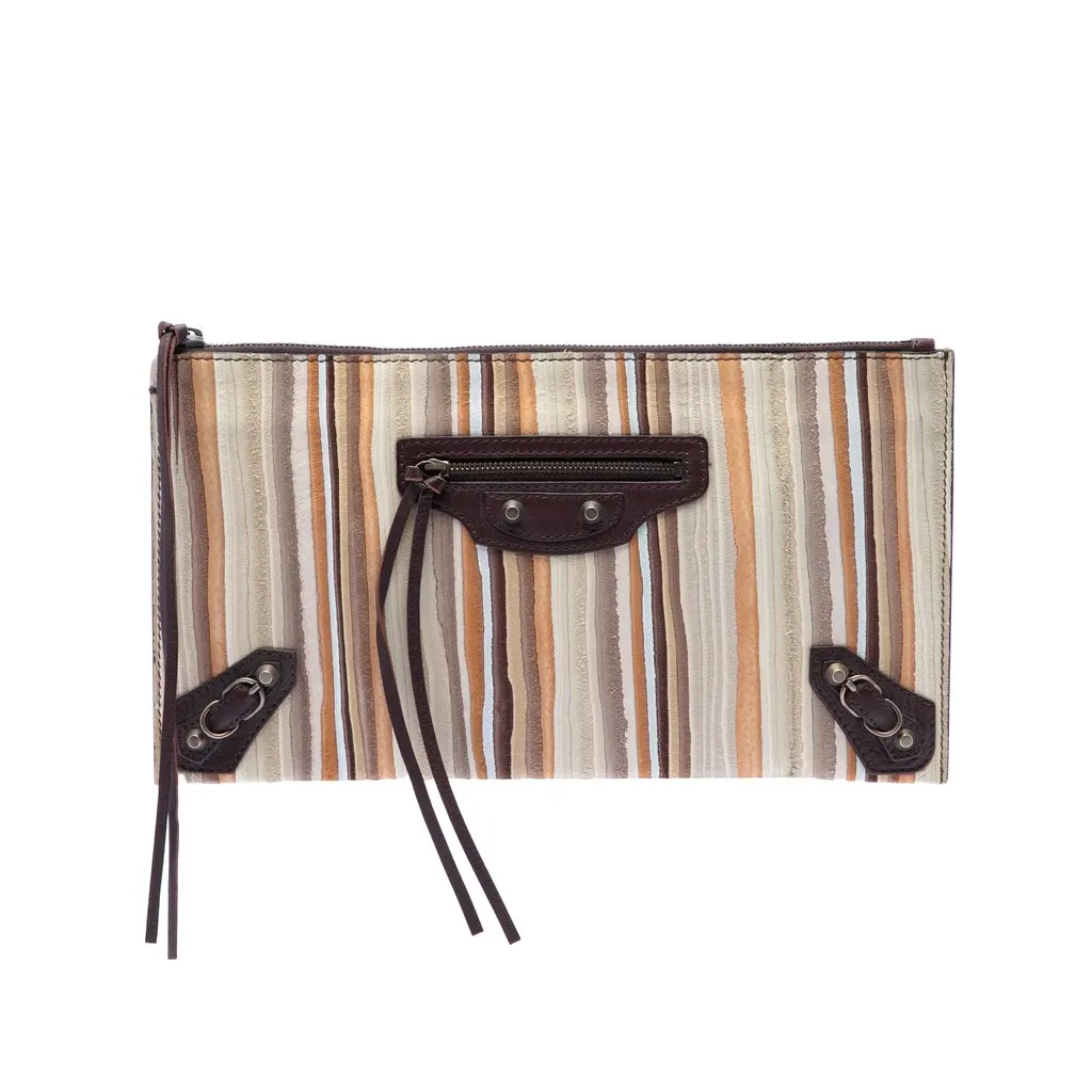 Balenciaga Suede Striped Papier Clutch Beige Leather Very good - Front View