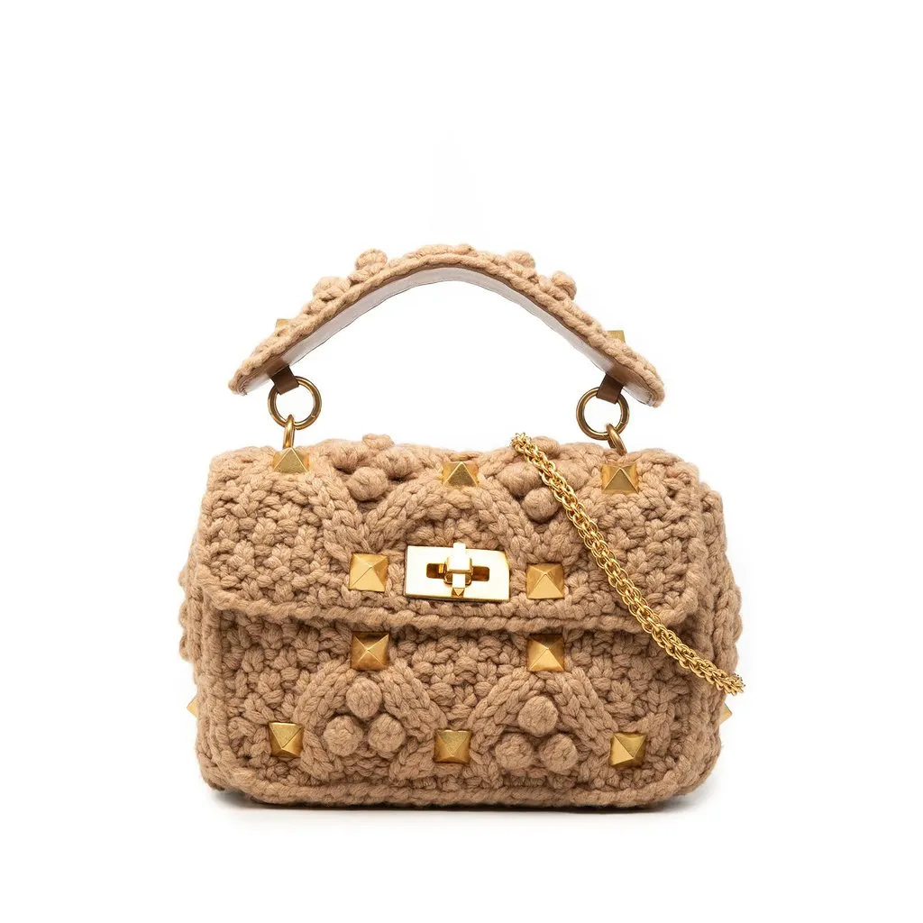 Valentino Medium Knit Roman Stud Satchel Beige Very good - Front View