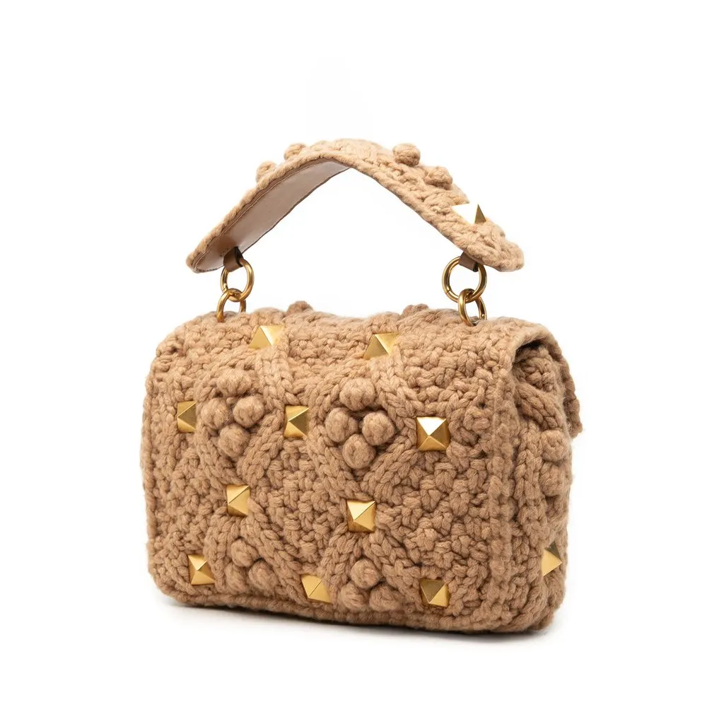 Valentino Medium Knit Roman Stud Satchel Beige Very good - Back View