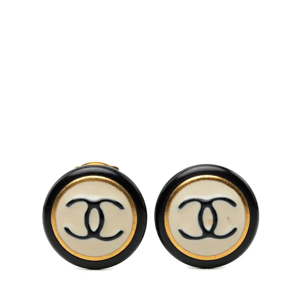 Chanel CC Gold Plated and Enamel Round Button Clip On Earrings Black Very good - Front View