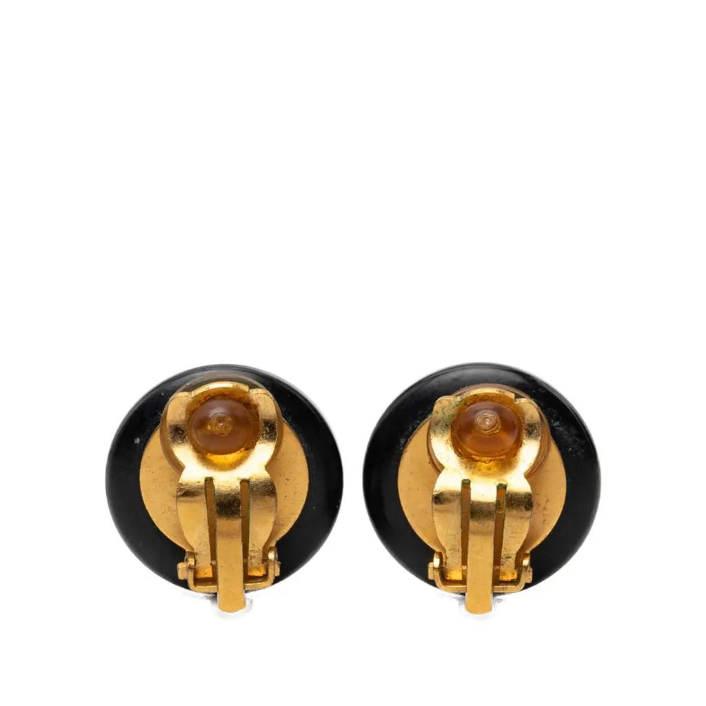 Chanel CC Gold Plated and Enamel Round Button Clip On Earrings Black Very good - Back View