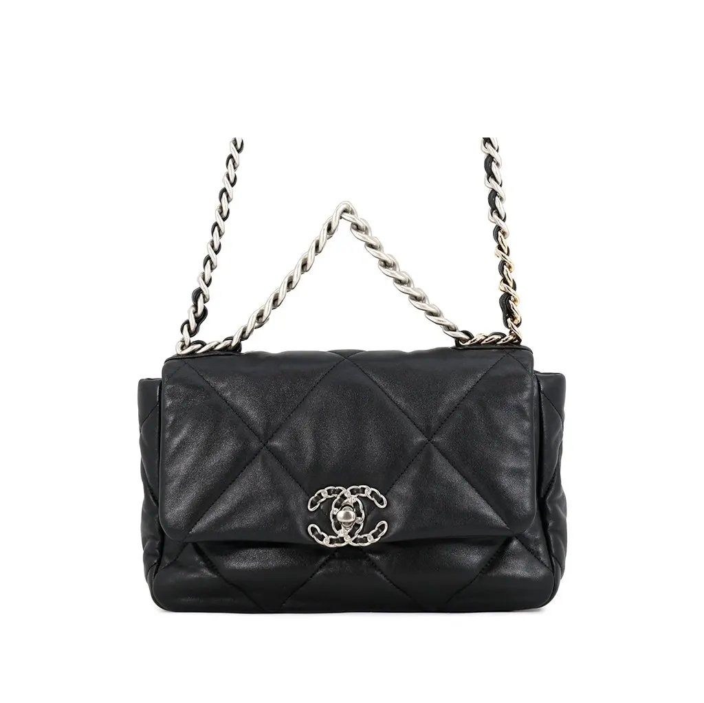 Chanel Medium Lambskin 19 Flap Black Leather Good - Front View
